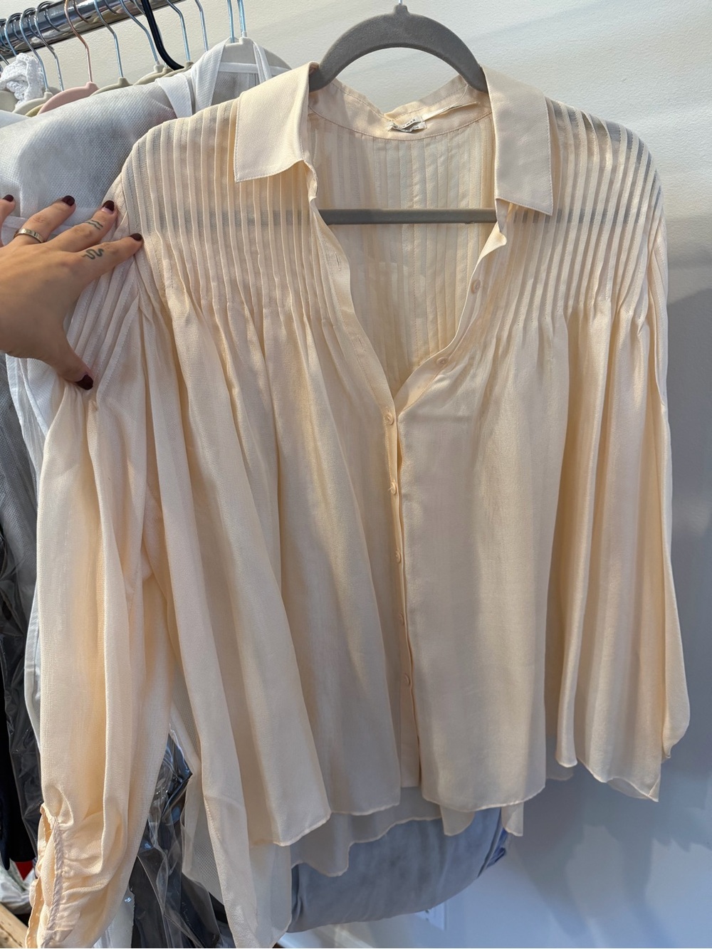 Pleated Yoke Cream Button-Front Blouse - Women